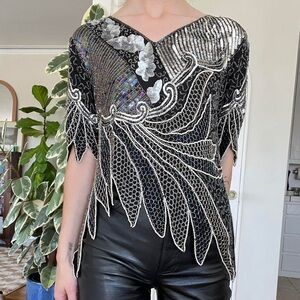 Silk Beaded Sequins V Neck Top Small Embellished Black Silver Festive Party